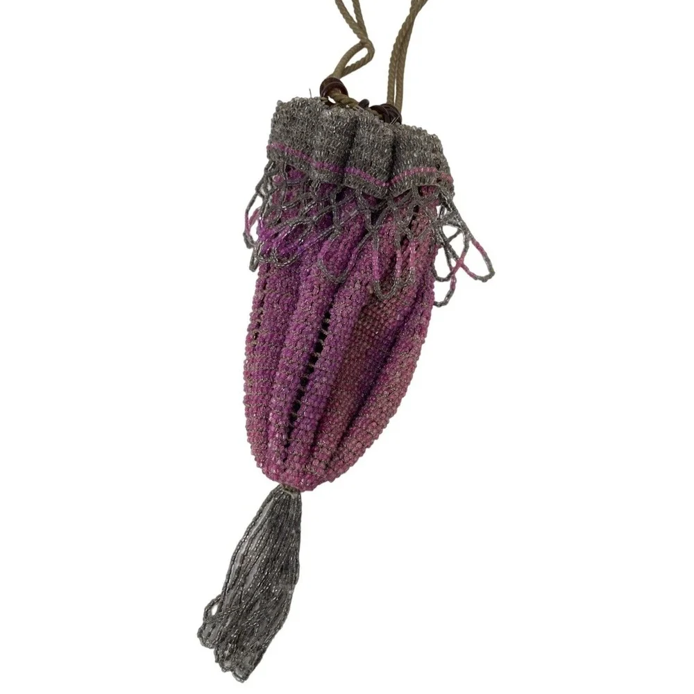 Glass Bead Drawstring Flapper Purse Manganese‎ Cadmium 1920s Purple UV Reactive